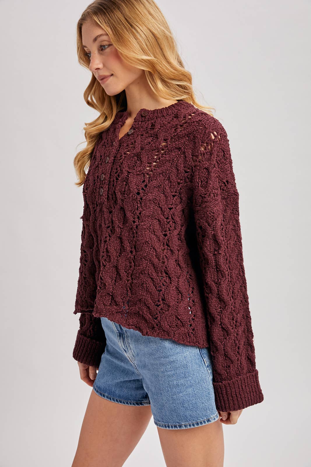 HALF-BUTTON DOWN OPEN KNIT SWEATER