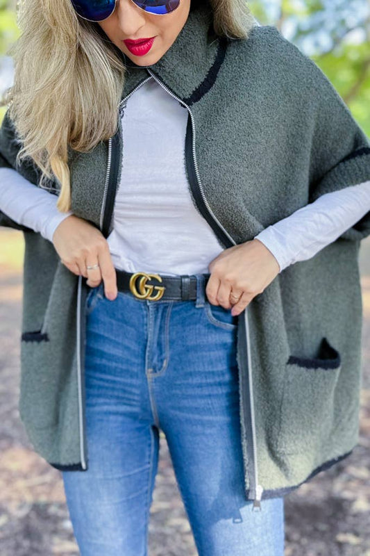 Olive Soft Knit Zip-Up Pocket Sweater Jacket