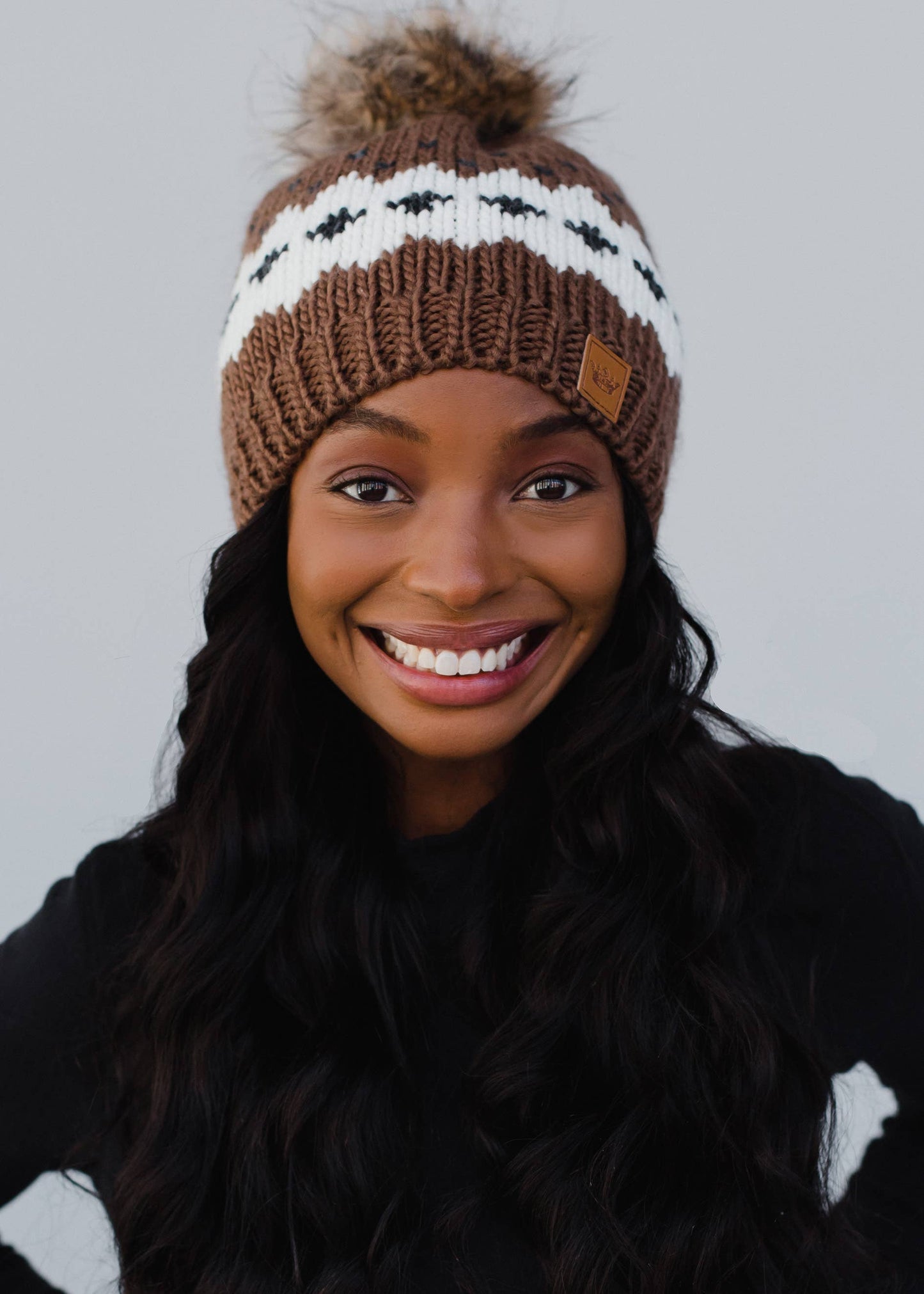 Light Brown Patterned Pom Hat