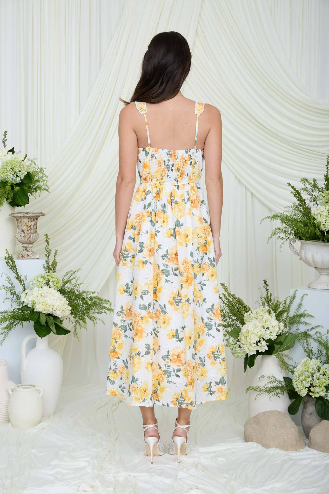 FLORAL EYELET PATTERN SCALLOP LACE TRIM MIDI DRESS