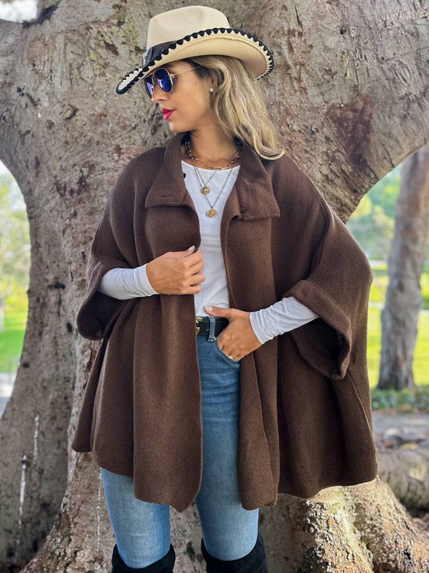 Button Neck Knit Cape Ruana Cardigan – Cozy Wrap