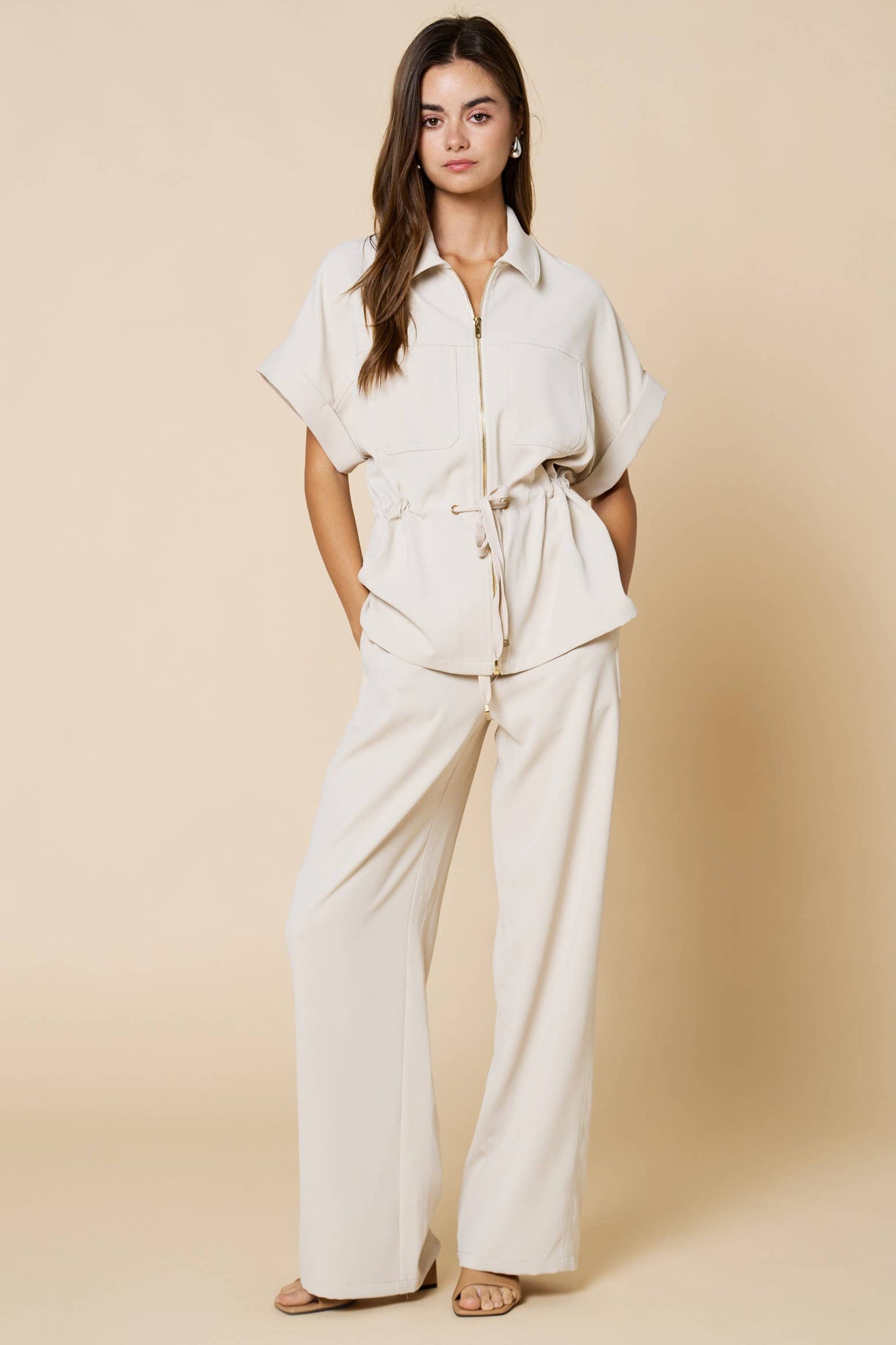 Front Zipper Closure Collared Drawstring Blouse