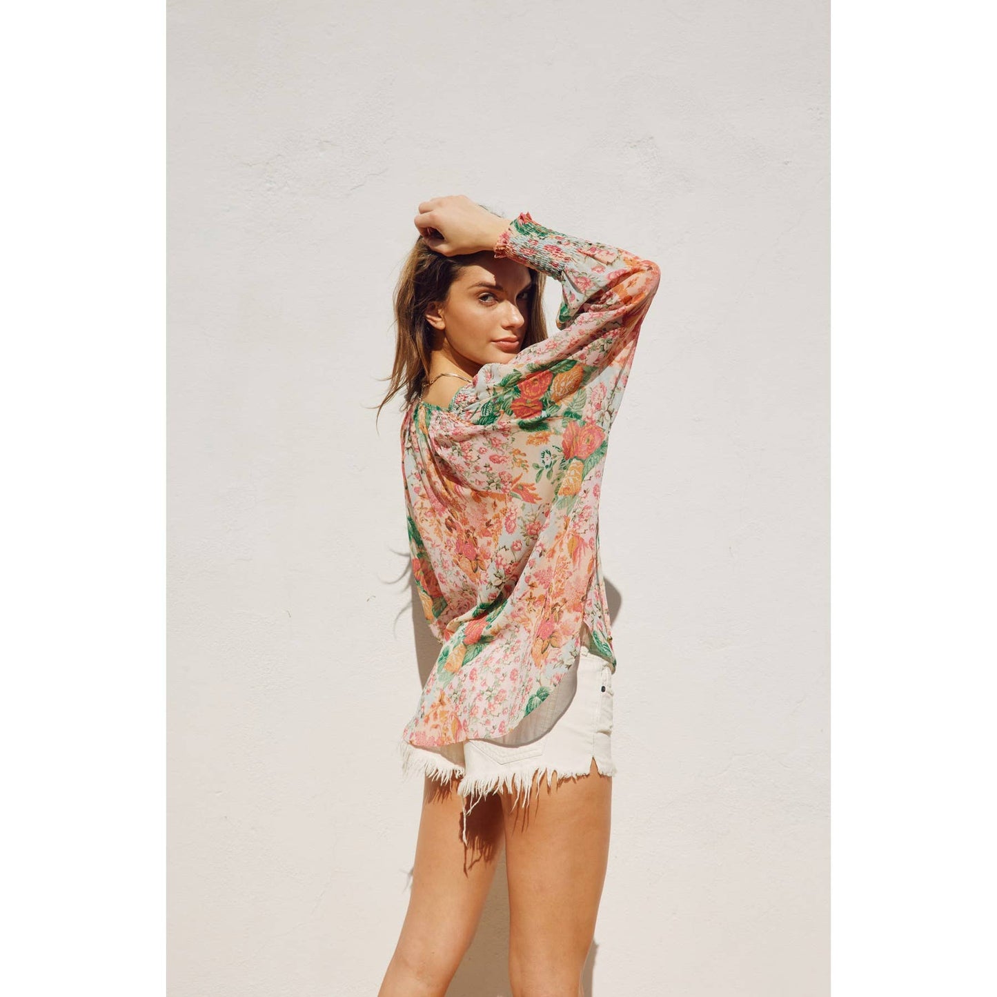 Flower Patch Smocked Neckline Flowy Blouse
