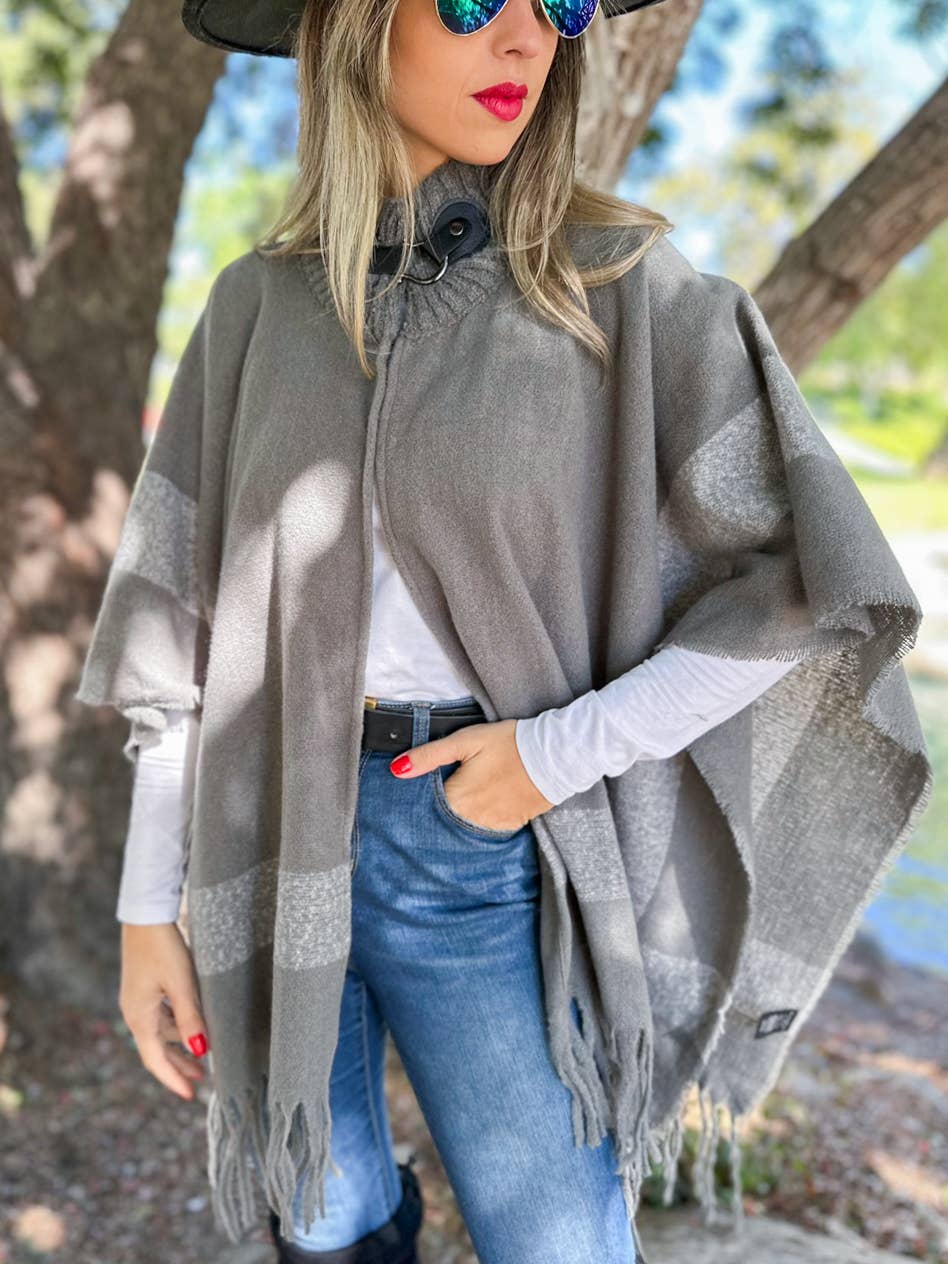 Grey Bold Border Knit Cape Poncho with Buckle Detail