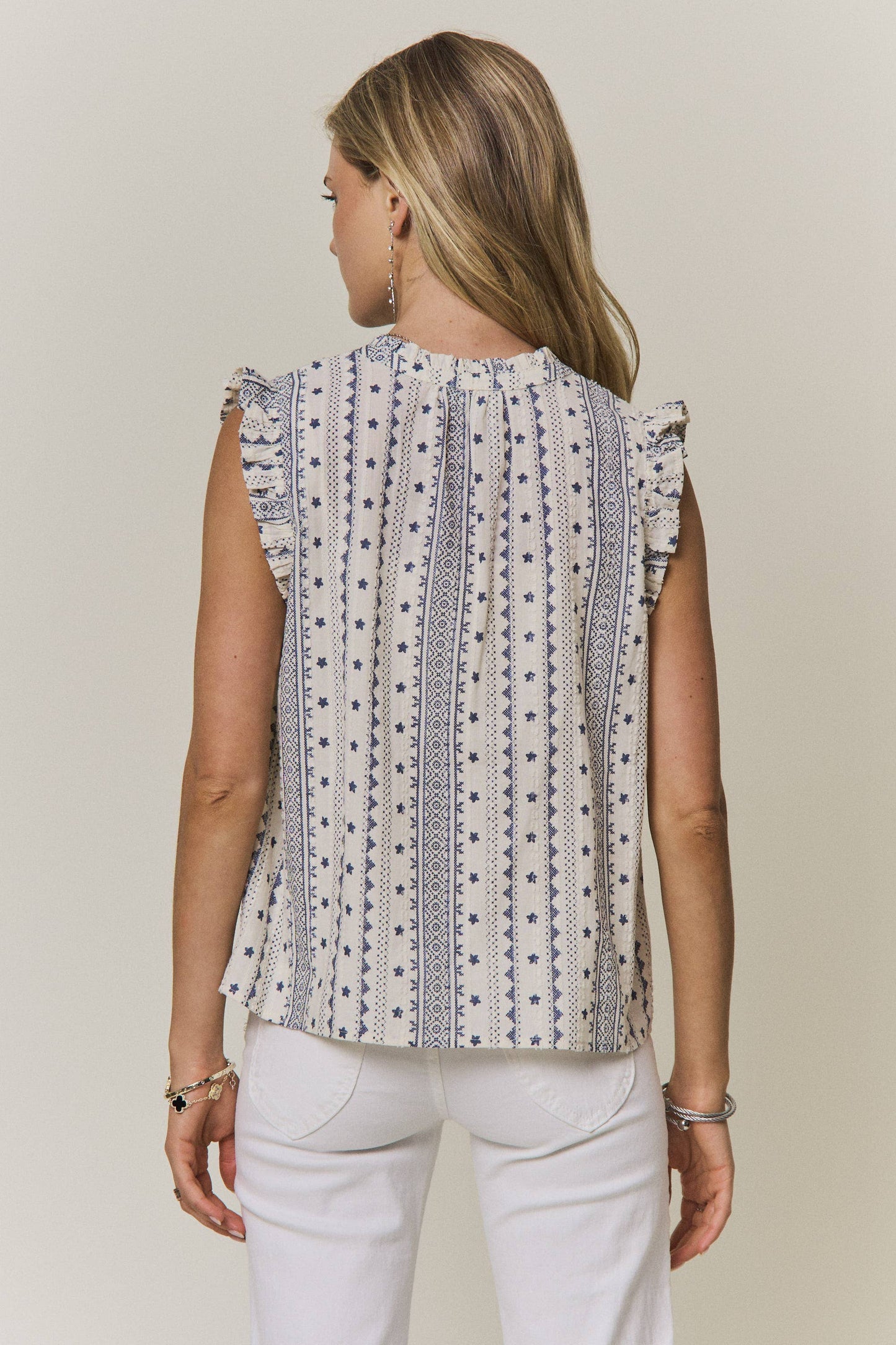 BOHO PRINT RUFFLE CAP SLEEVE BLOUSE - CET4357