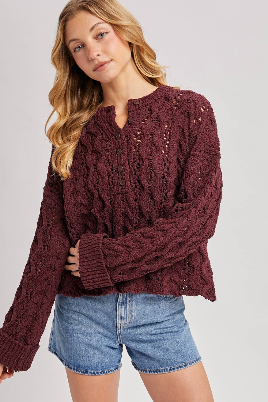 HALF-BUTTON DOWN OPEN KNIT SWEATER