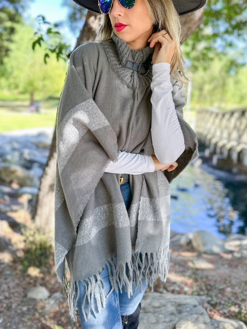 Grey Bold Border Knit Cape Poncho with Buckle Detail