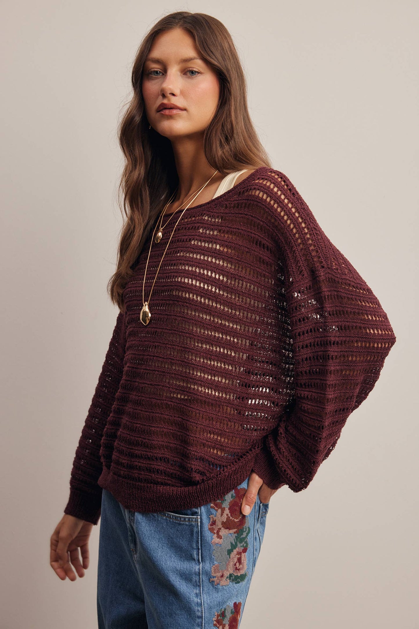 Open-Knit Stripe Sweater Top
