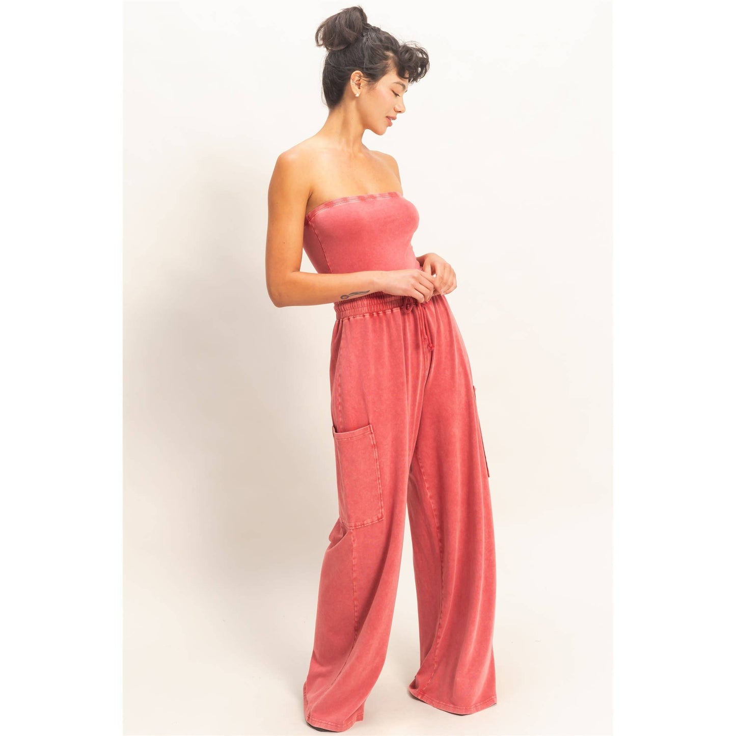 Mineral Wash Strapless Wide-Leg Jumpsuit
