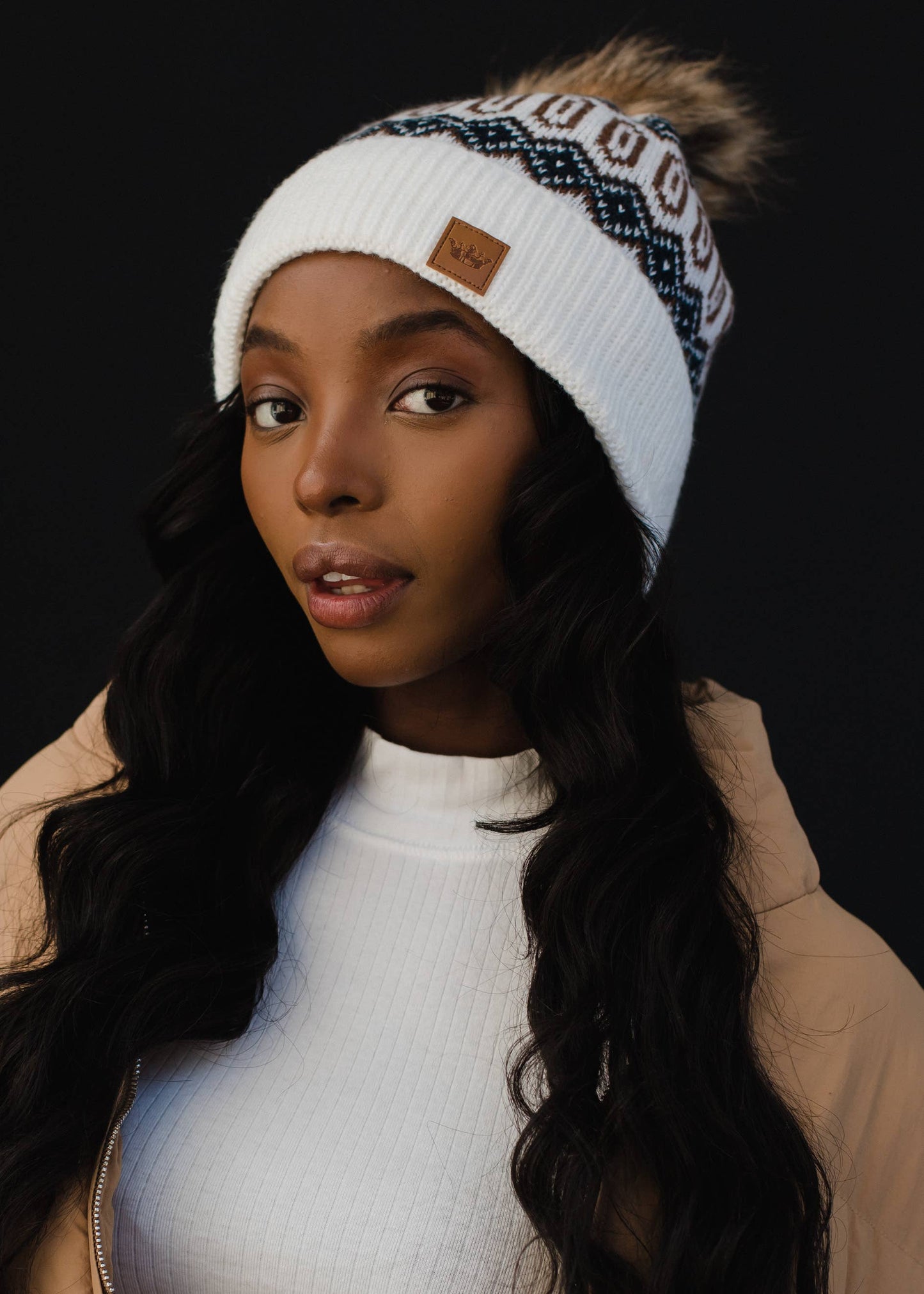 Off White w/ Navy & Brown Patterned Pom Hat