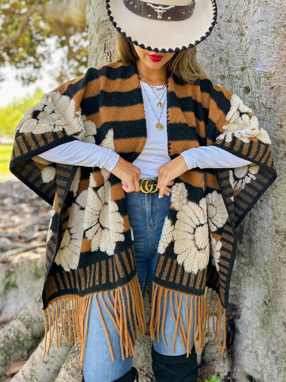 Brown Western Boho Fringe Ruana Cardigan