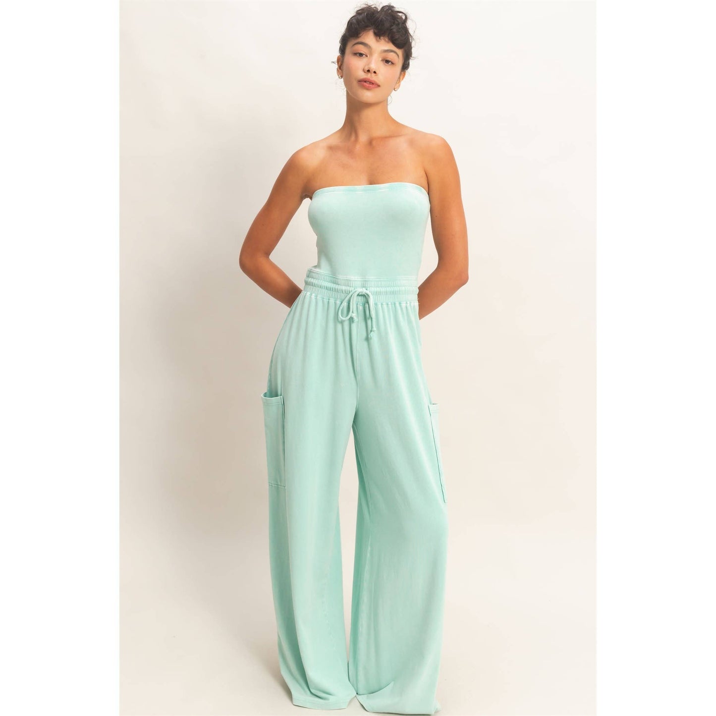 Mineral Wash Strapless Wide-Leg Jumpsuit