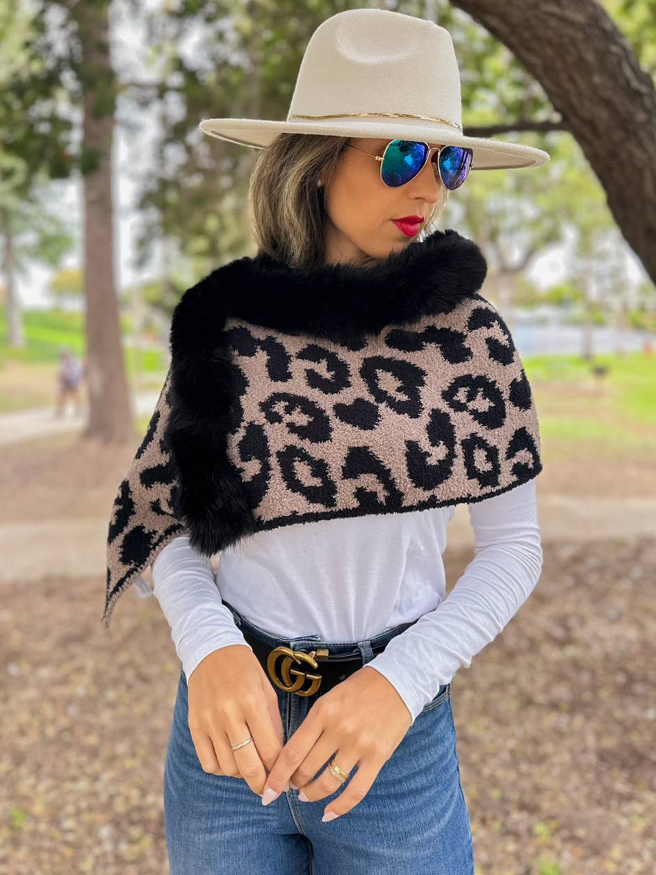 Coffee Brown Leopard Print Faux Fur Trim Knit Shawl Poncho