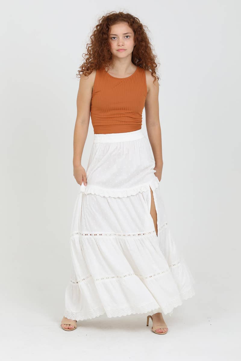 26P74-ASIS TIERED MAXI SKIRT WITH LACE TRIM AND SLIT