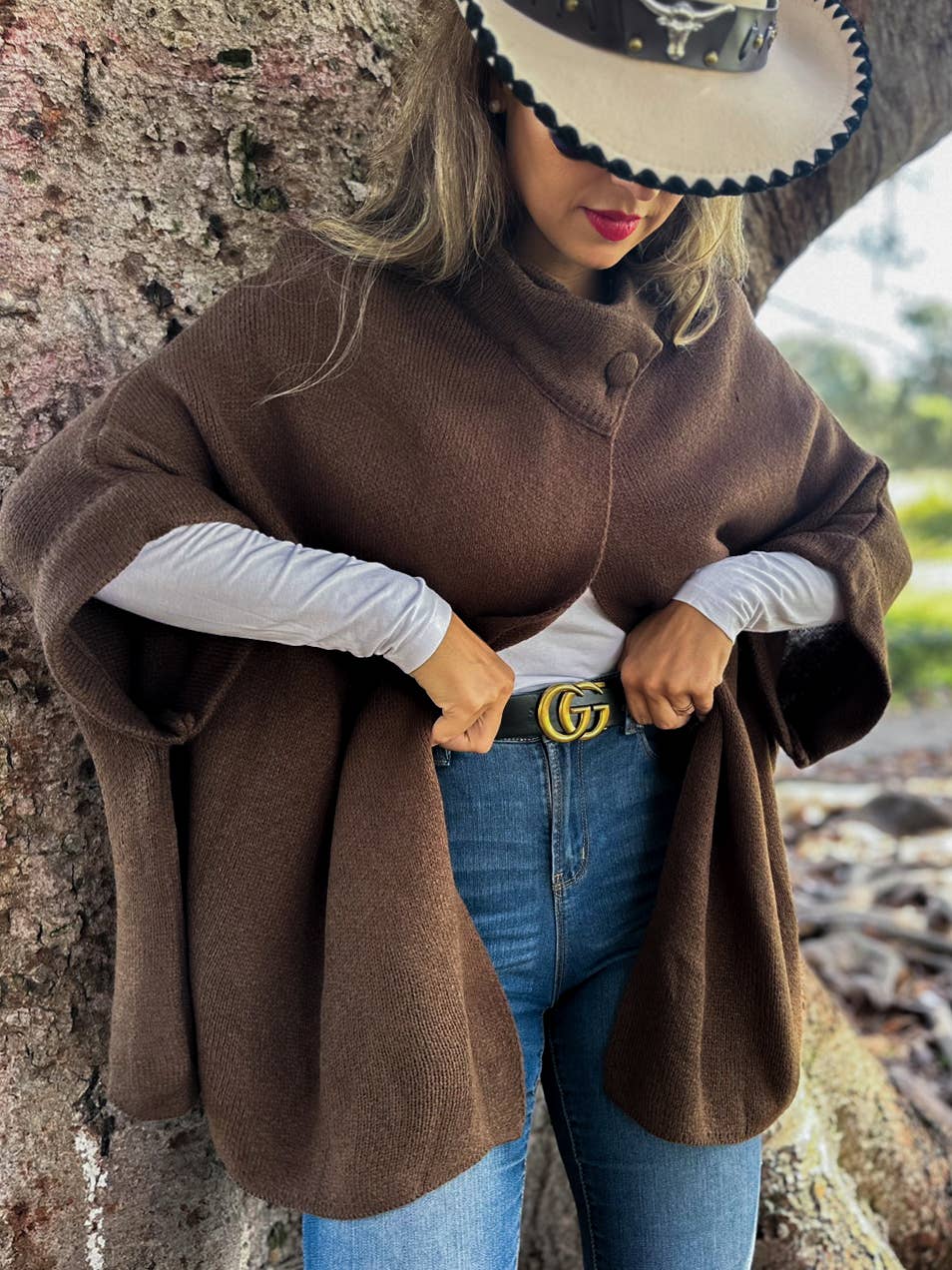 Button Neck Knit Cape Ruana Cardigan – Cozy Wrap