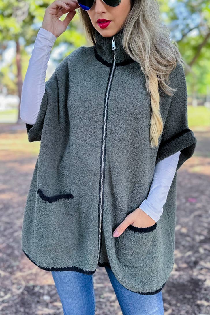 Olive Soft Knit Zip-Up Pocket Sweater Jacket