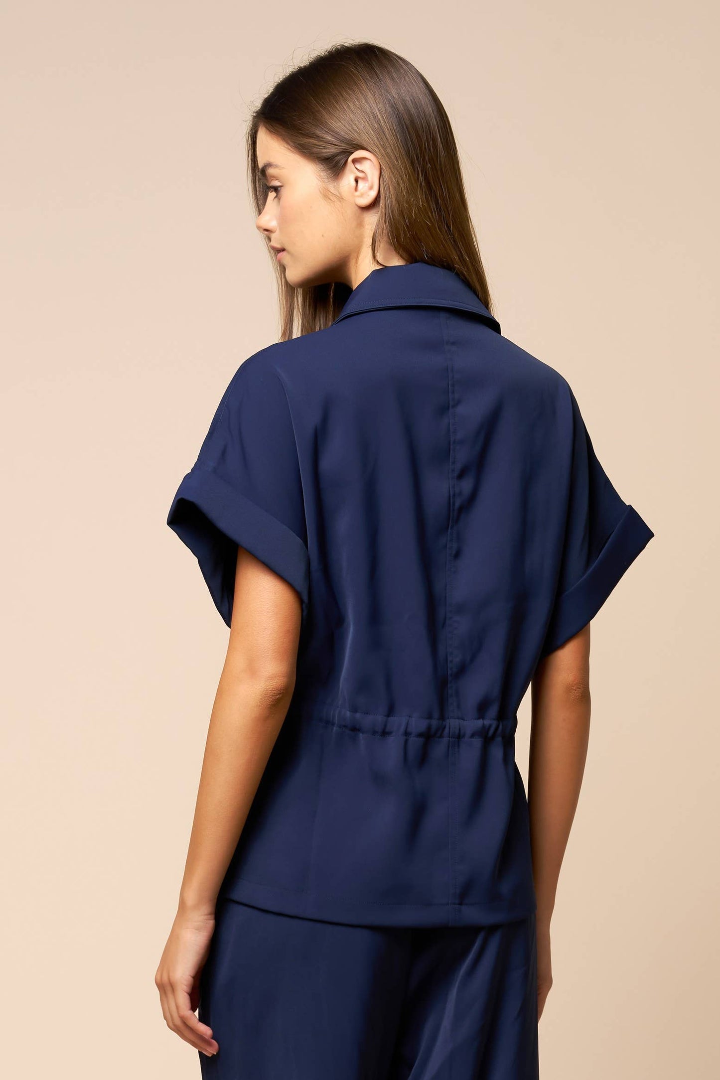 Front Zipper Closure Collared Drawstring Blouse