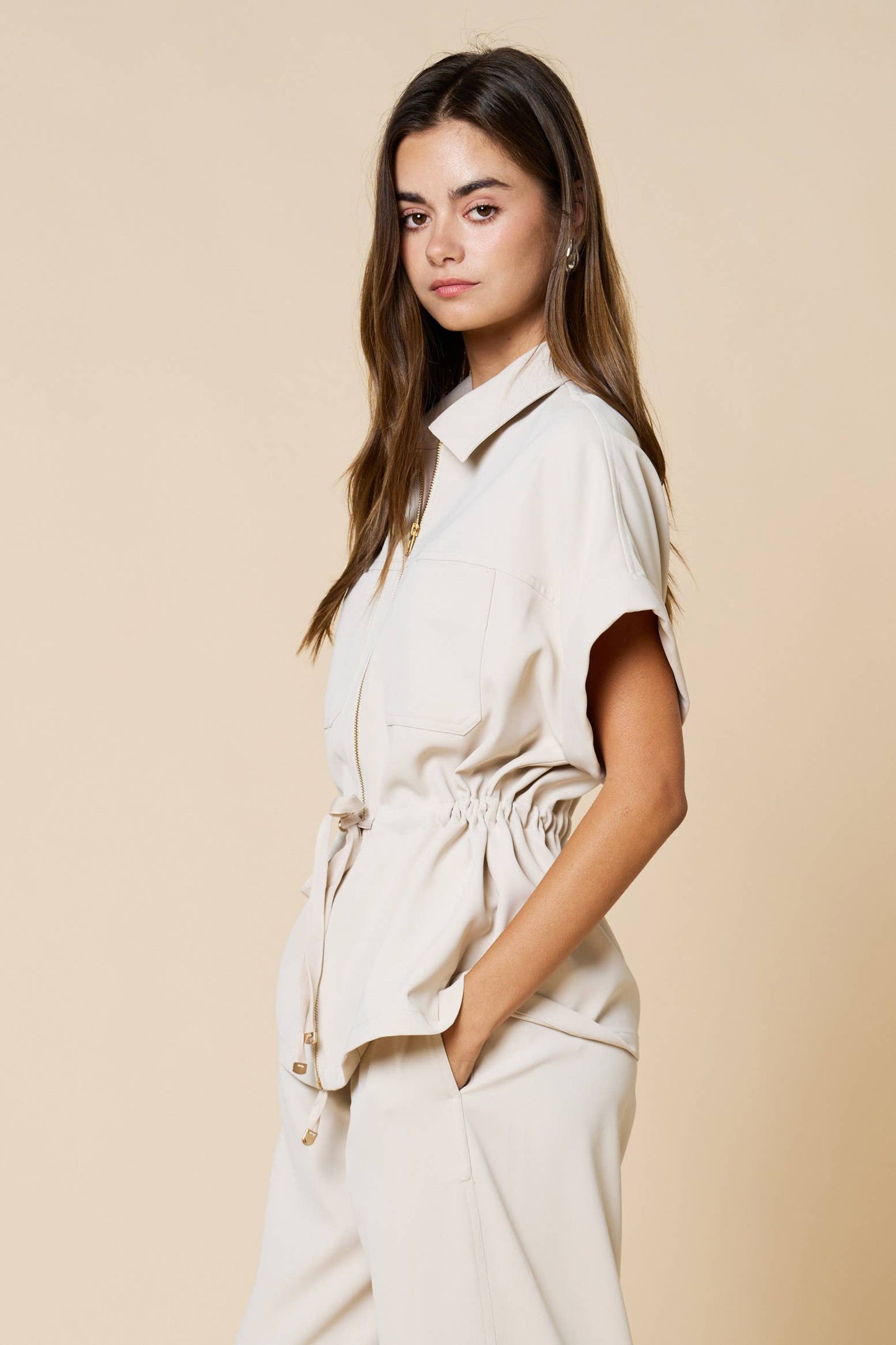 Front Zipper Closure Collared Drawstring Blouse