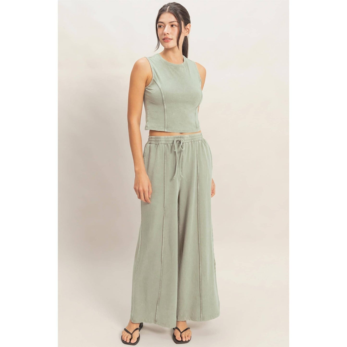 Mineral Washed Sleeveless Top & Wide Leg Pants Set