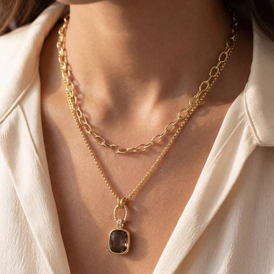 Double Layered Chain Crystal Square Pendant Necklace