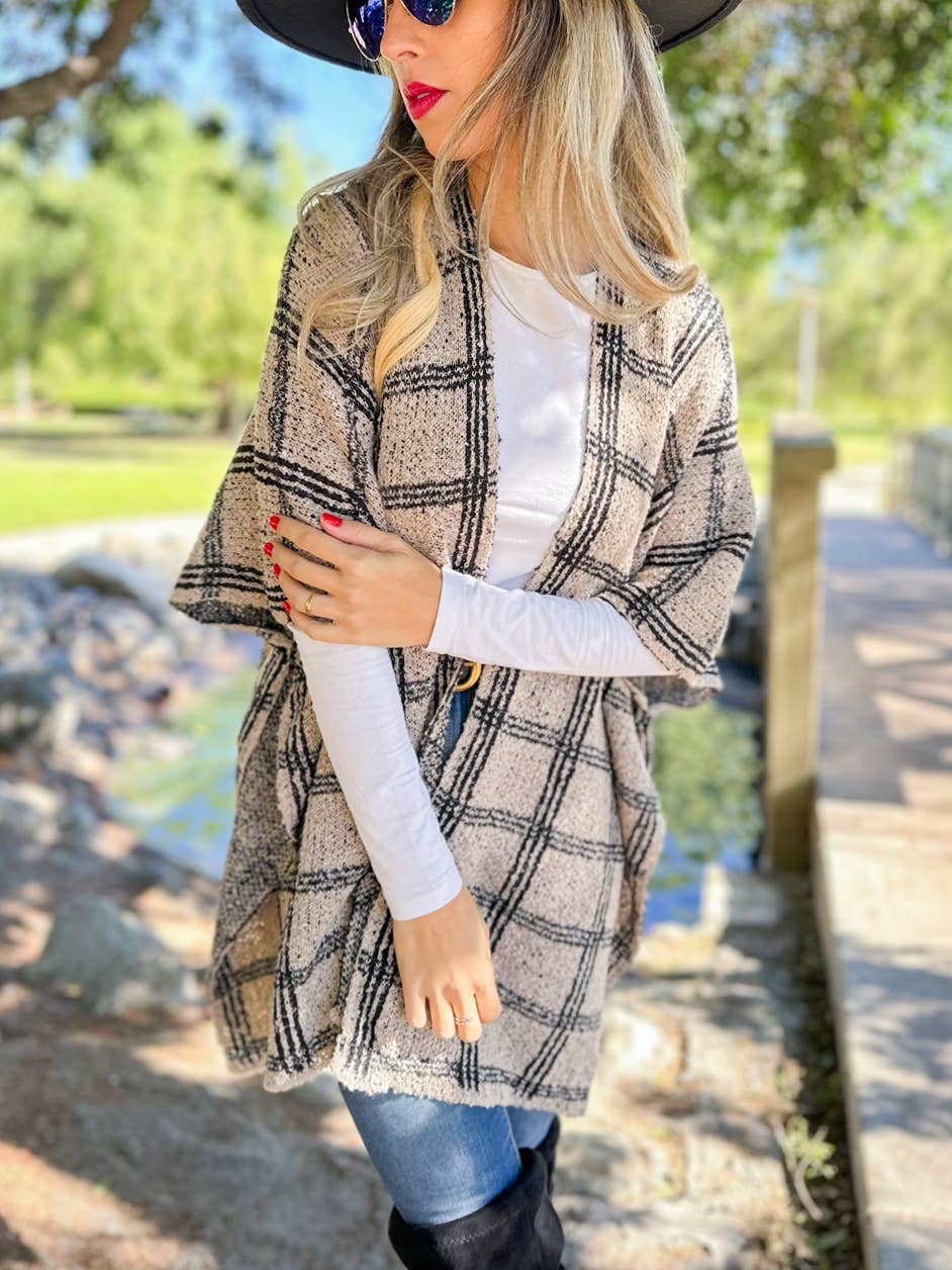Oatmeal Plaid Knit Ruana Cardigan