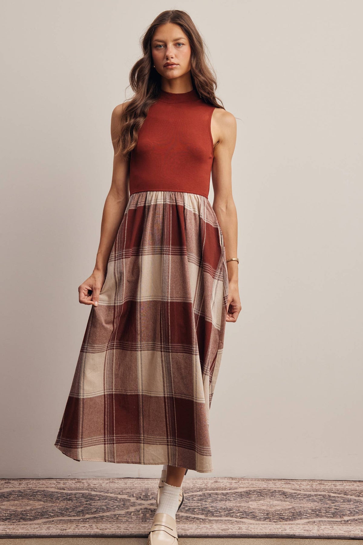 Mock Neck Mixed Media Plaid Midi Dress FD0068