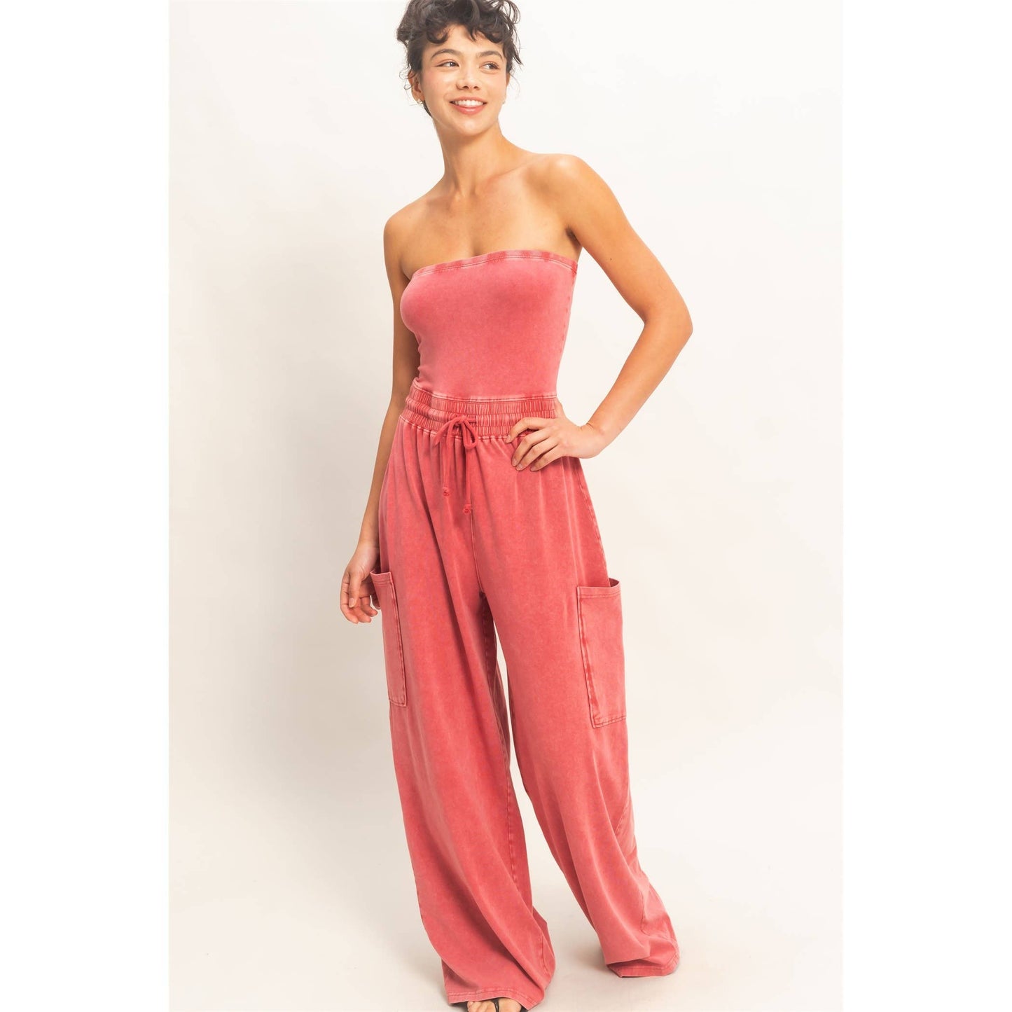 Mineral Wash Strapless Wide-Leg Jumpsuit