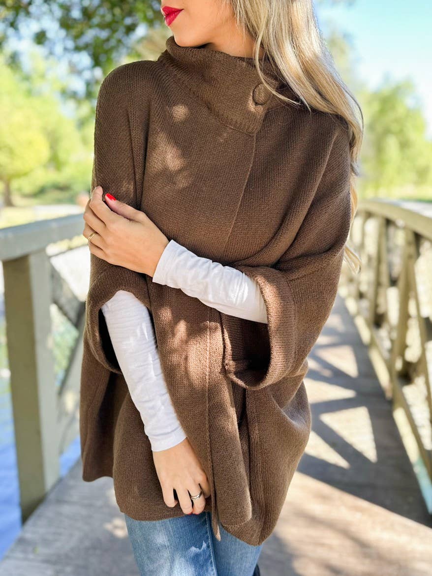 Button Neck Knit Cape Ruana Cardigan – Cozy Wrap