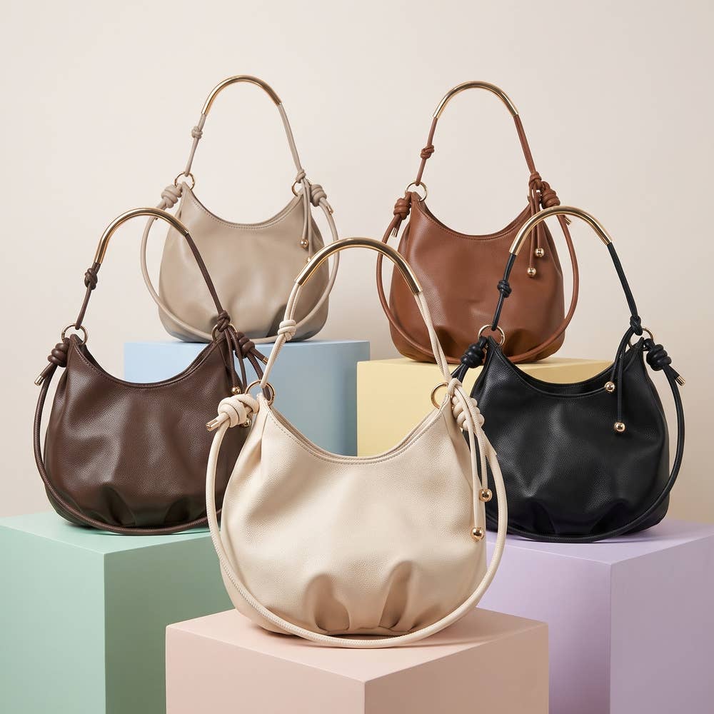 Curved Bar Handle Slouchy Bucket Bag