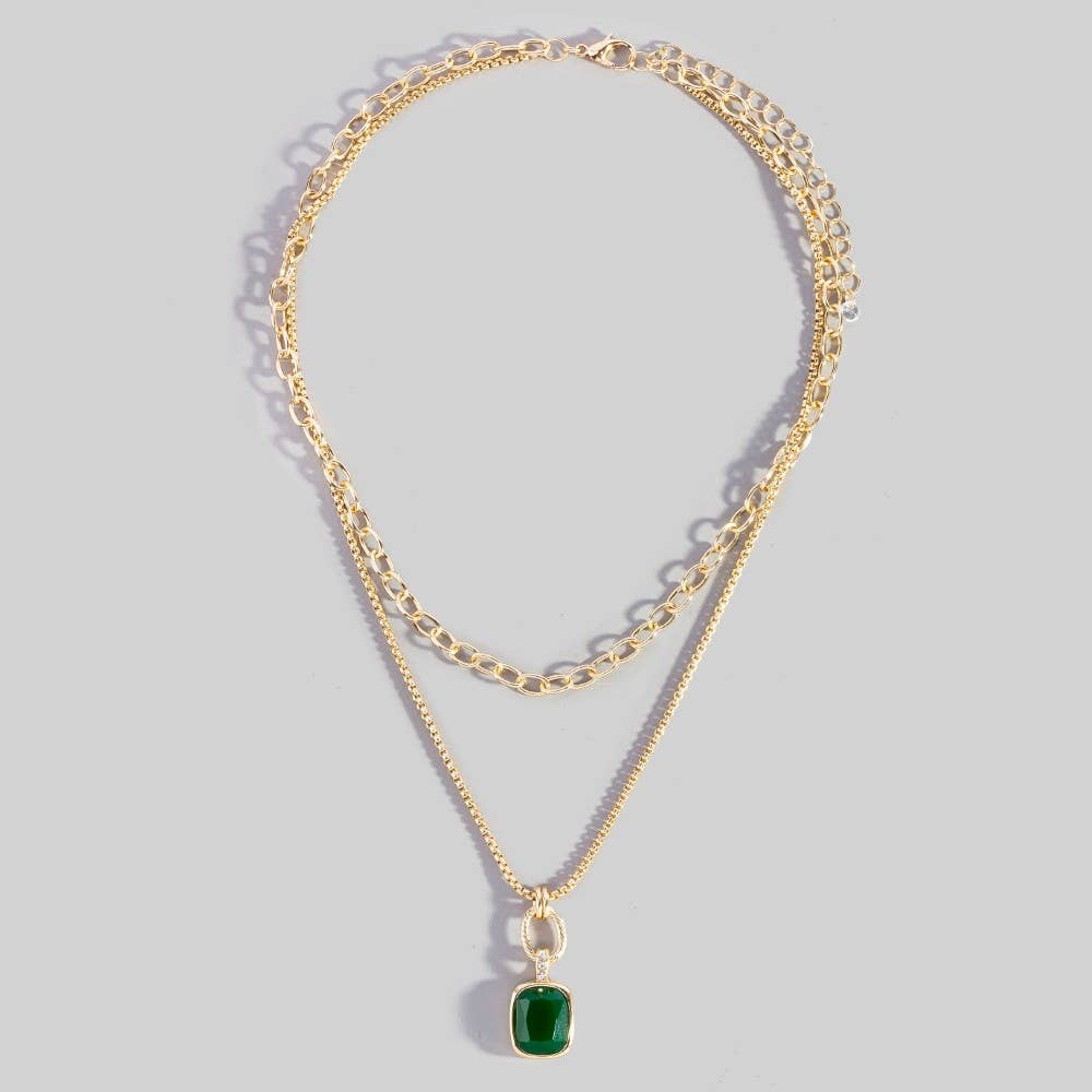 Double Layered Chain Crystal Square Pendant Necklace