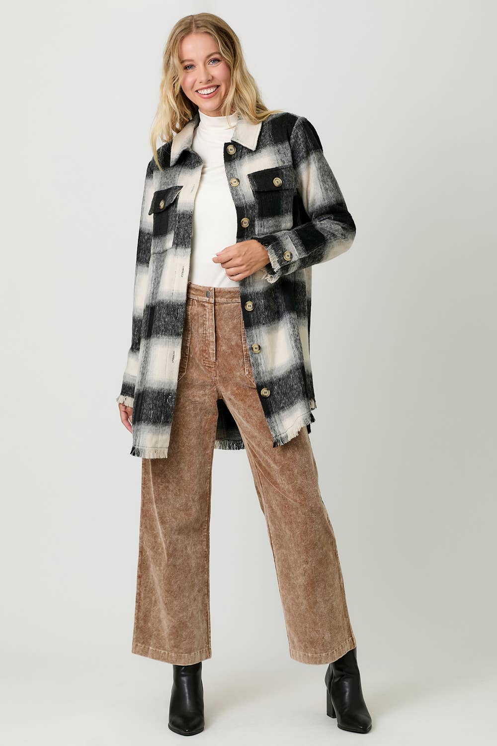 Fringe Detailed Long Plaid Jacket