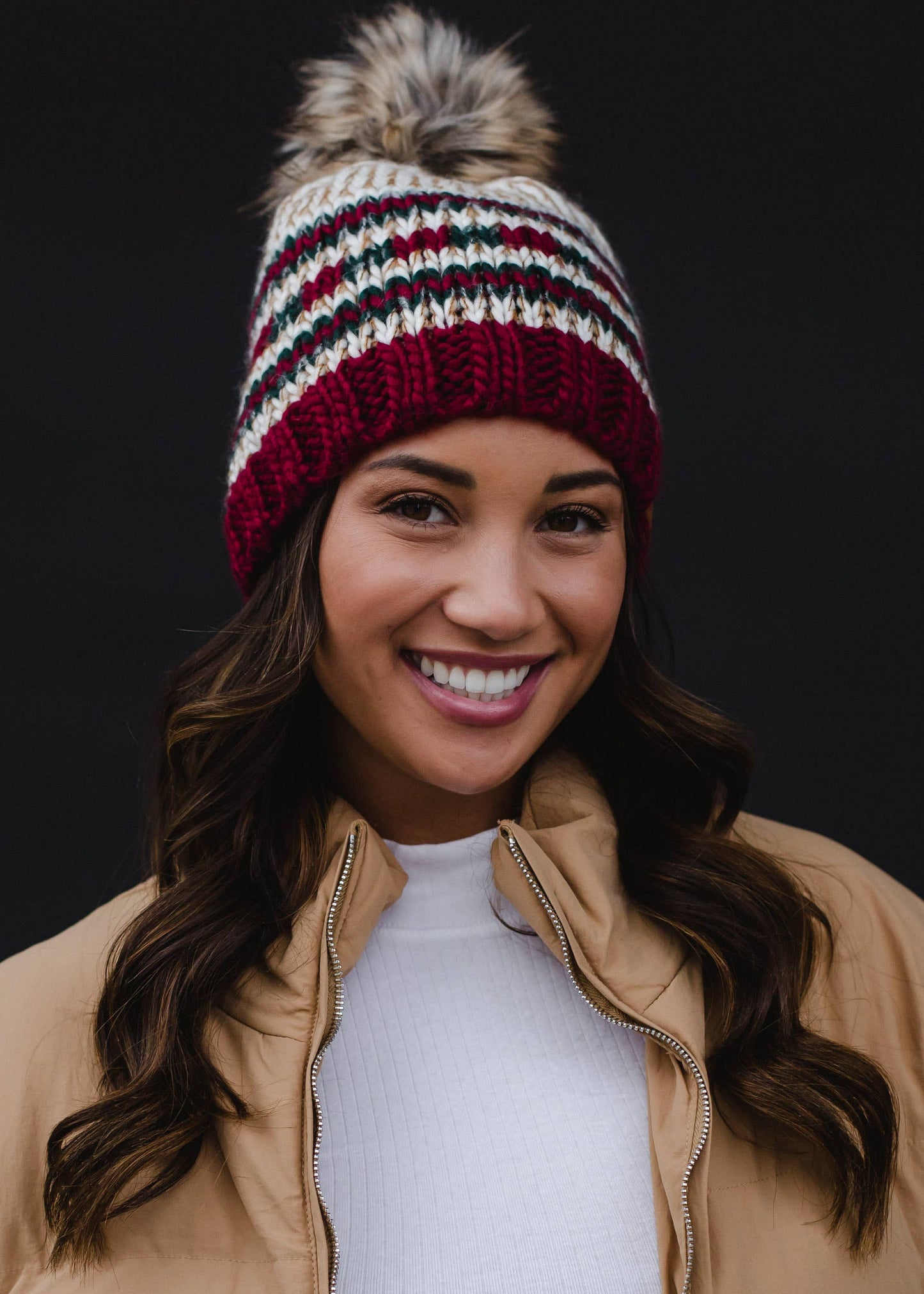 Beige, Red & Green Striped Pom Hat