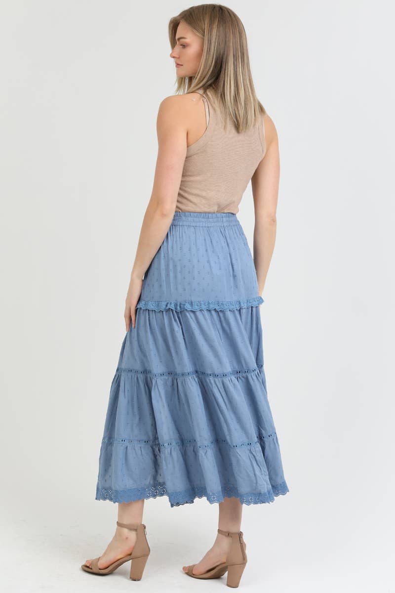 26P74-ASIS TIERED MAXI SKIRT WITH LACE TRIM AND SLIT