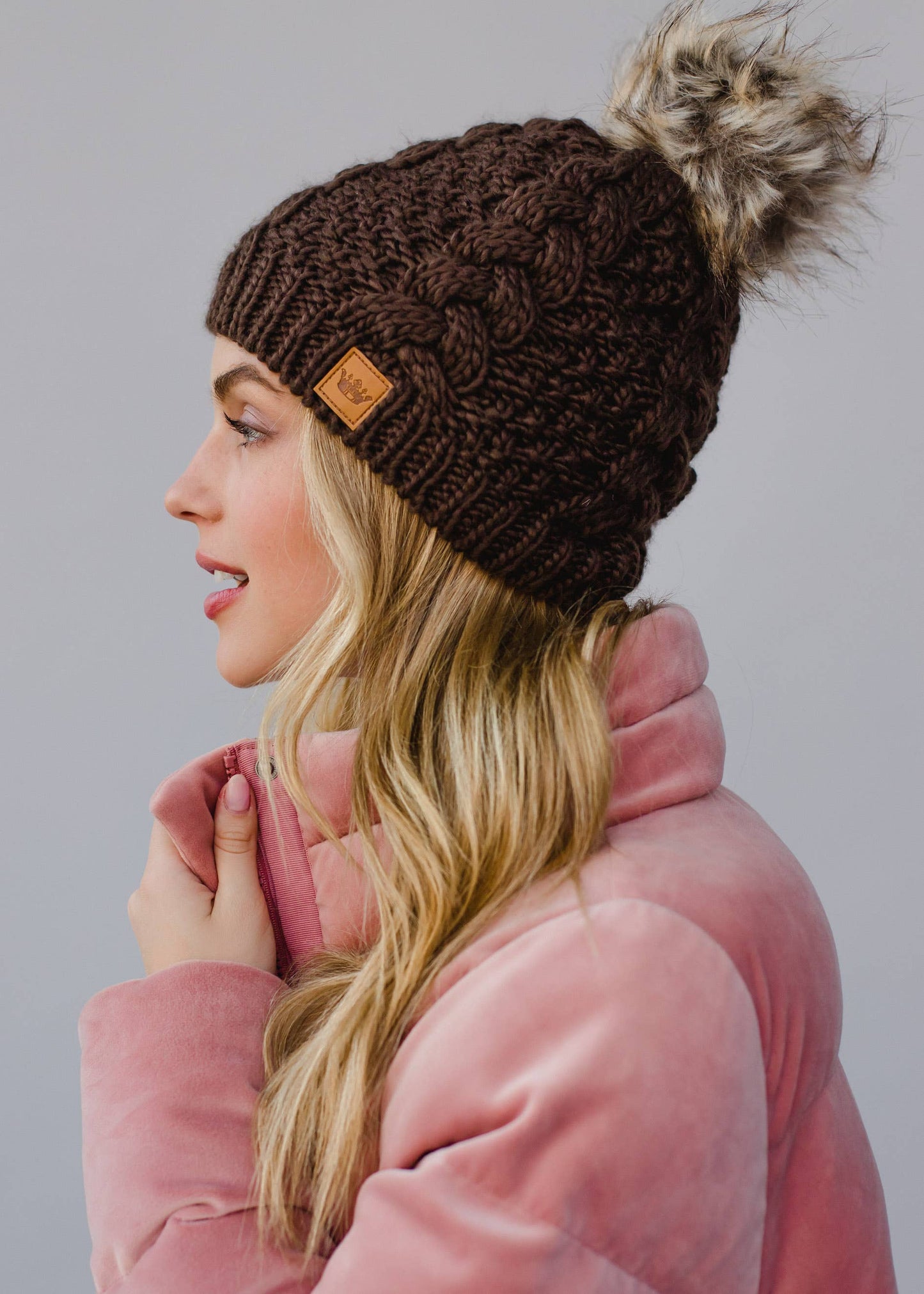 Dark Brown Cable Knit Pom Hat