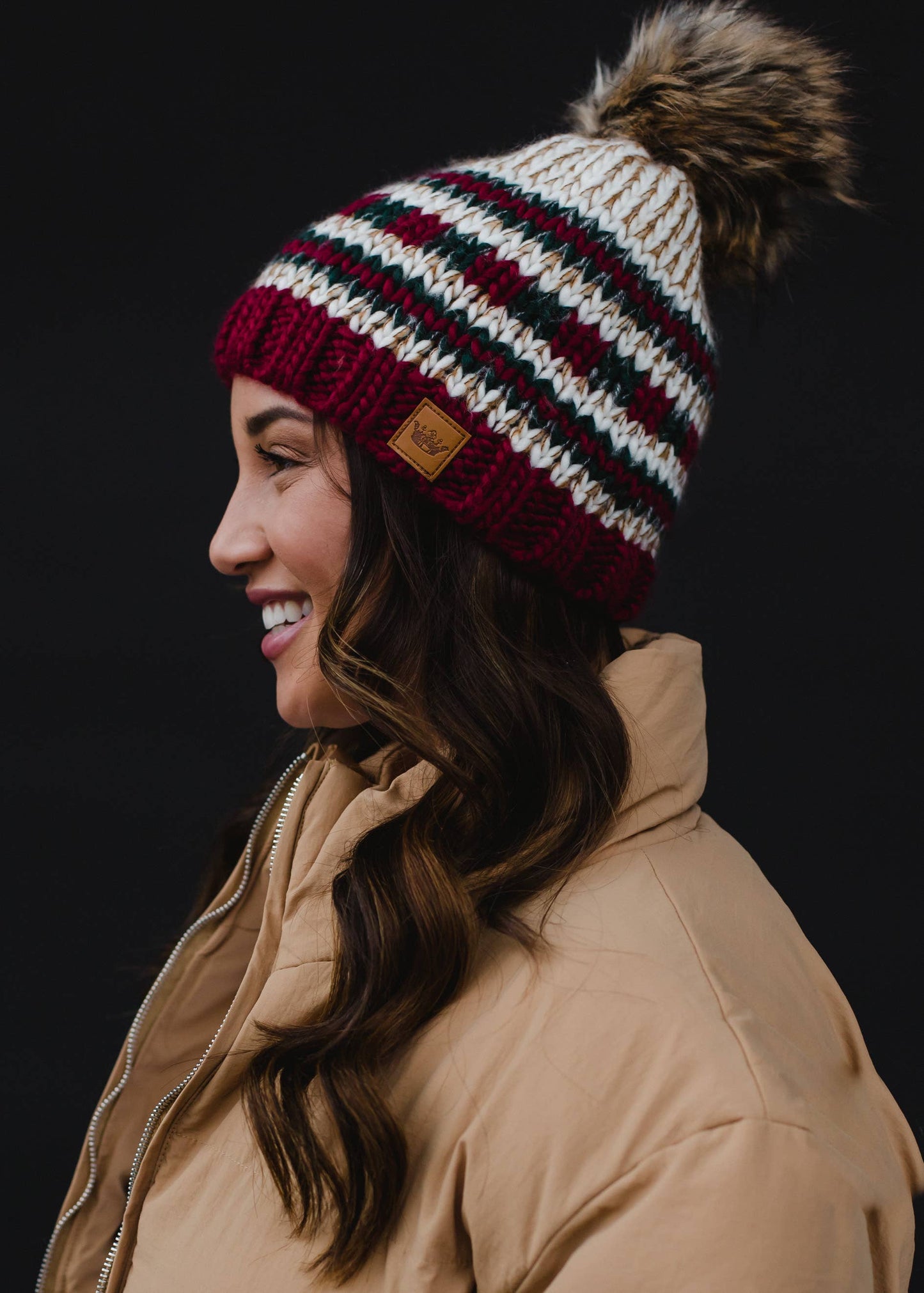 Beige, Red & Green Striped Pom Hat