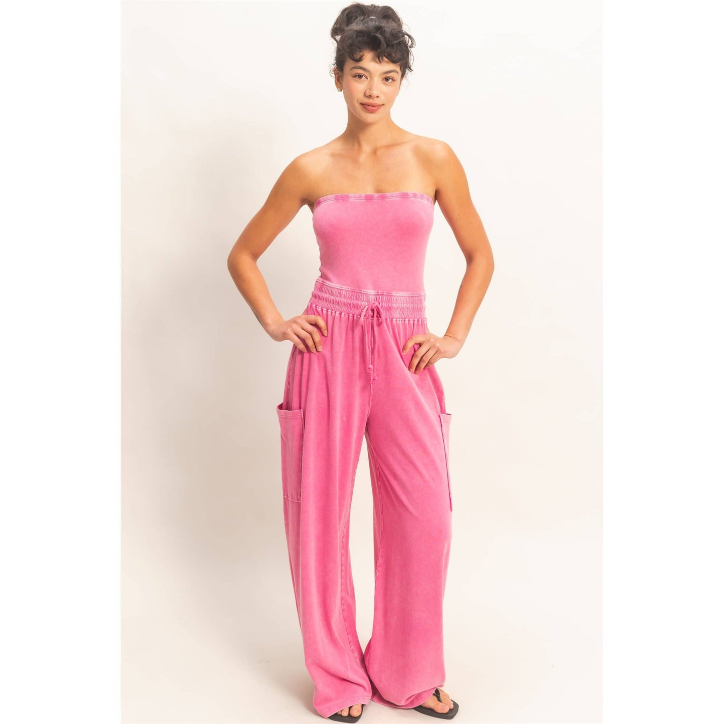 Mineral Wash Strapless Wide-Leg Jumpsuit