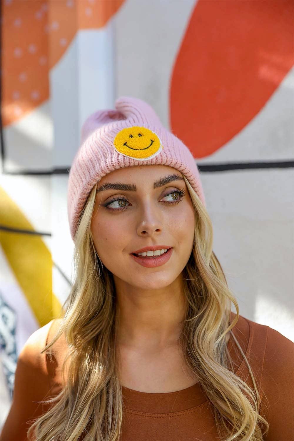 Smiley Face Ribbed Beanie: Lavender