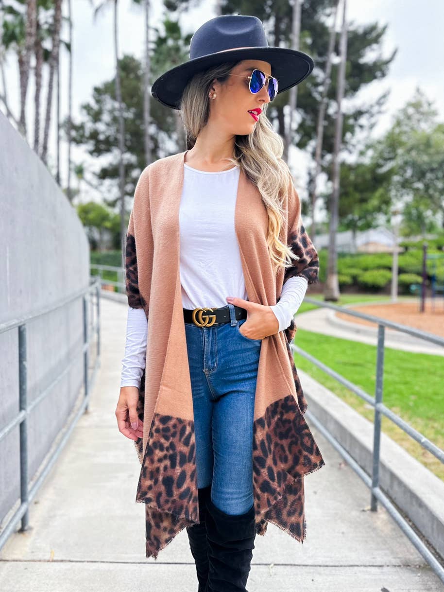 Camel Chic Leopard Print Cutedge Lightweight Ruana Cardigan