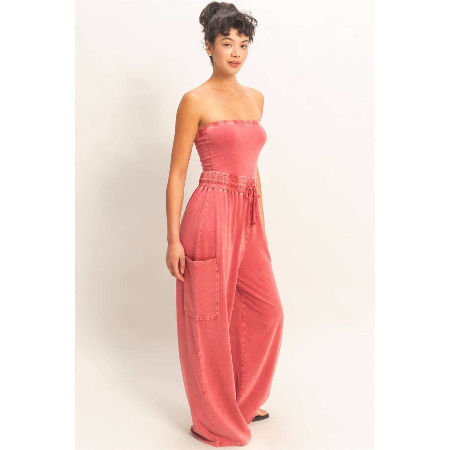 Mineral Wash Strapless Wide-Leg Jumpsuit