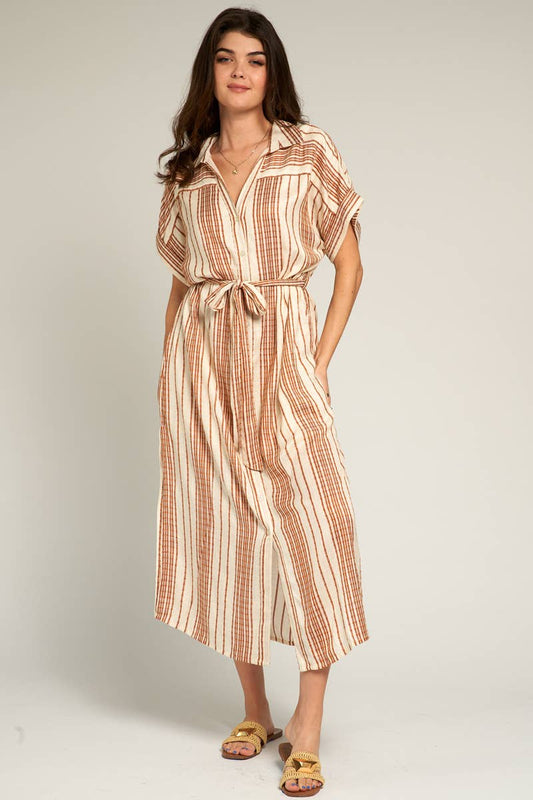 Striped Belted Shirt Midi Dress