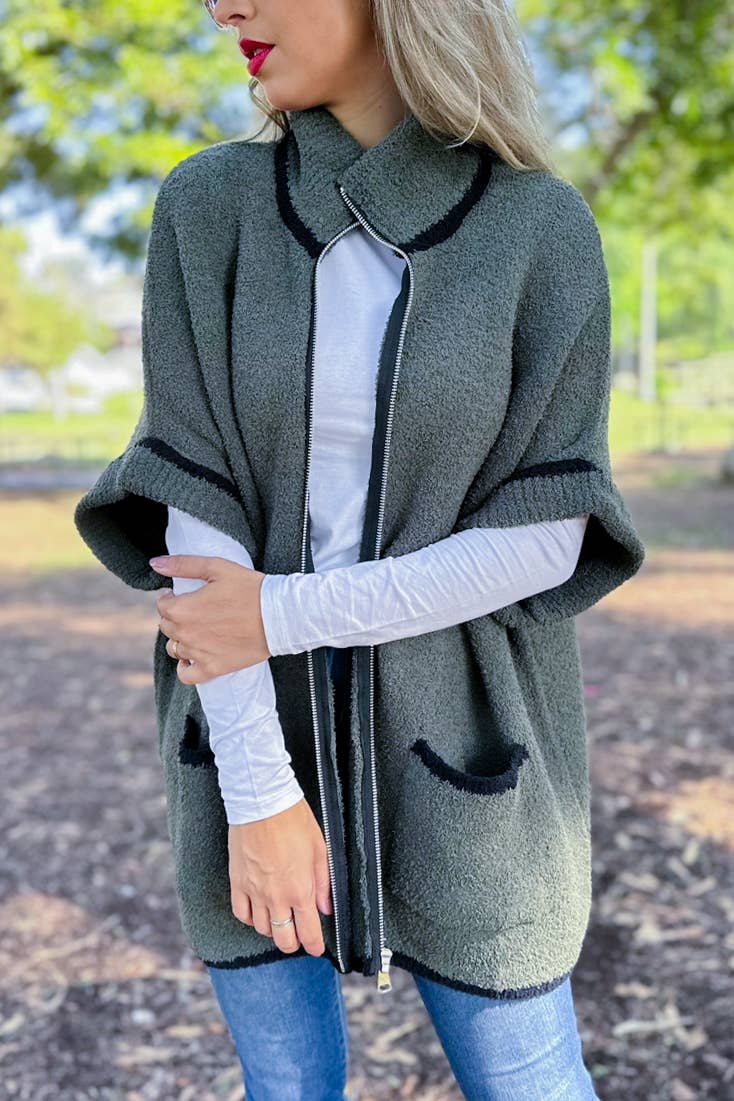 Olive Soft Knit Zip-Up Pocket Sweater Jacket