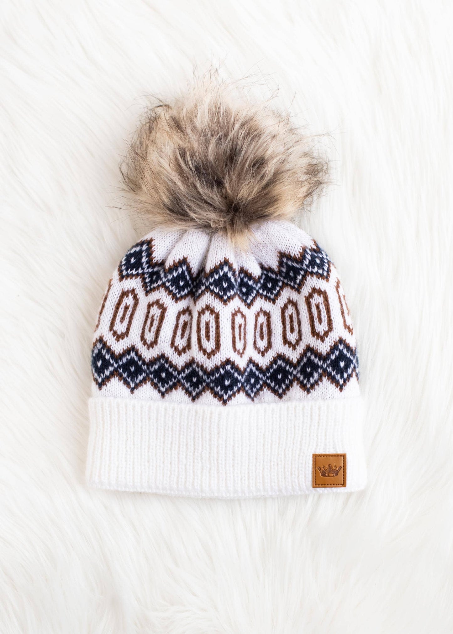 Off White w/ Navy & Brown Patterned Pom Hat