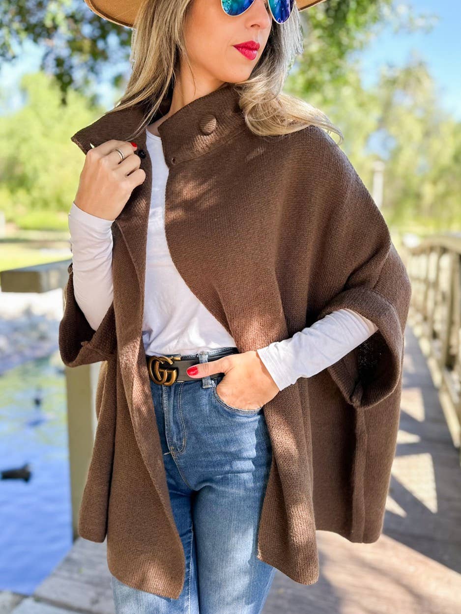 Button Neck Knit Cape Ruana Cardigan – Cozy Wrap