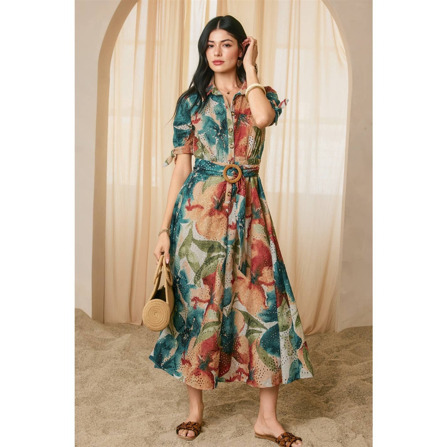 Sunset Whispers Eyelet Buckled Shirt Dress