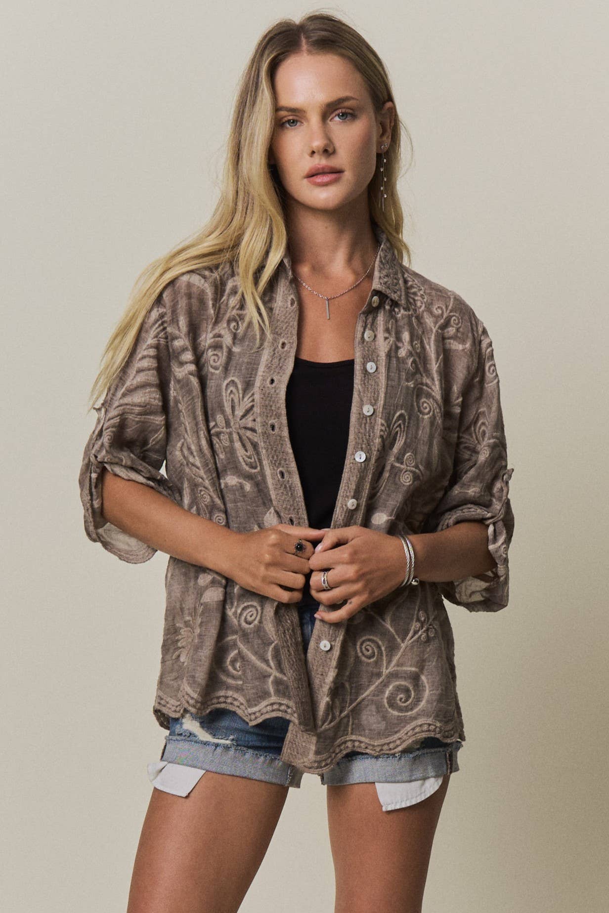 BOHO EMBROIDERED BUTTON-DOWN TOP\