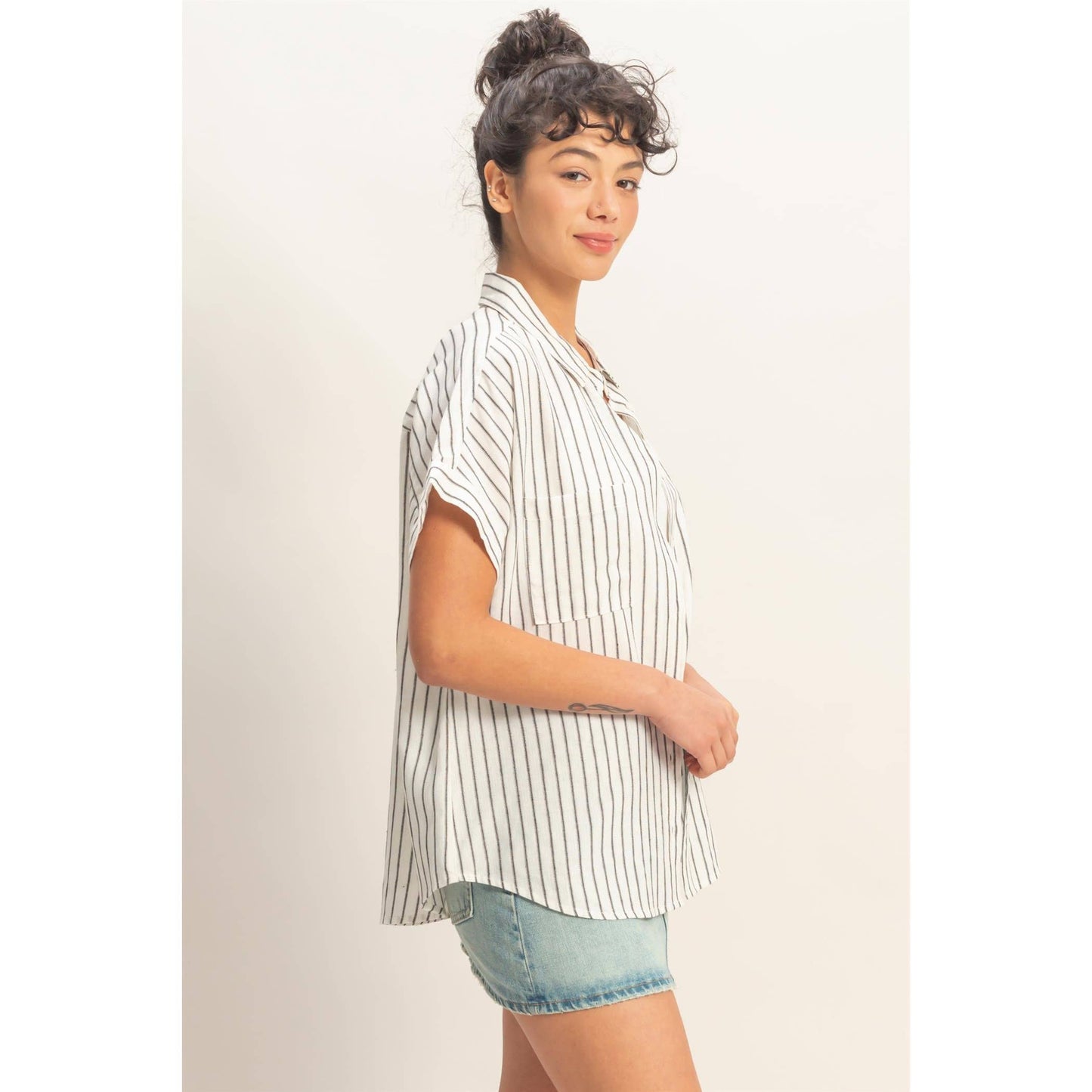 Striped Button-Up Dolman Sleeve Shirt