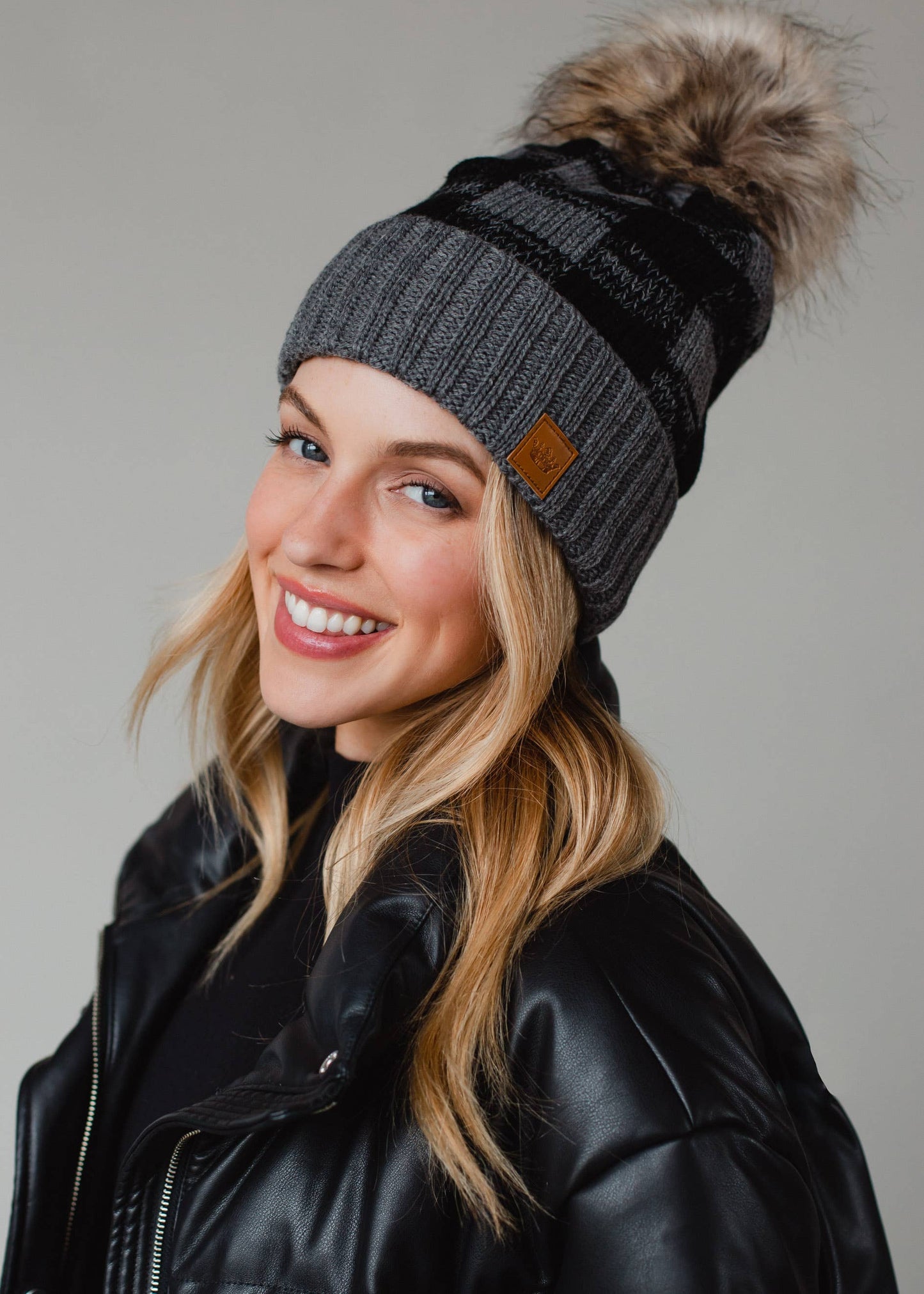 Grey Buffalo Plaid Pom Hat