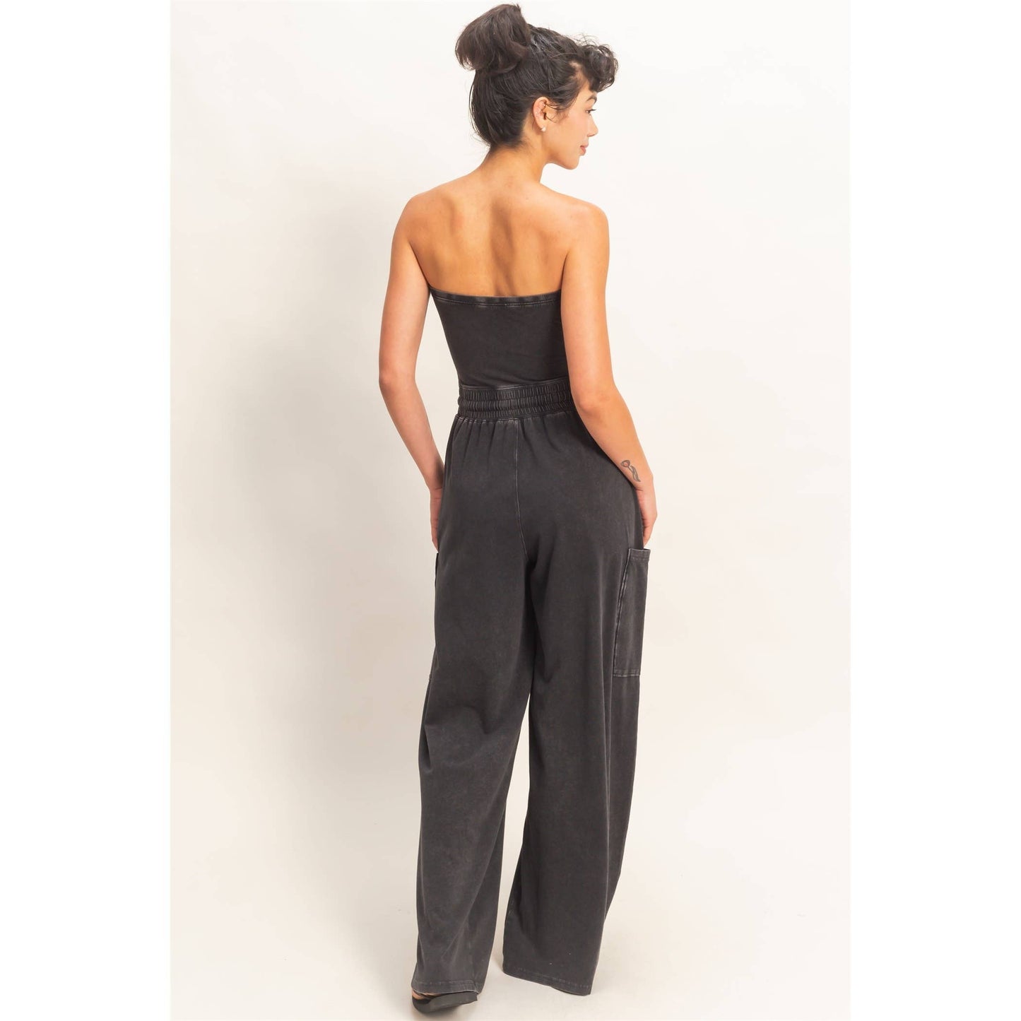 Mineral Wash Strapless Wide-Leg Jumpsuit