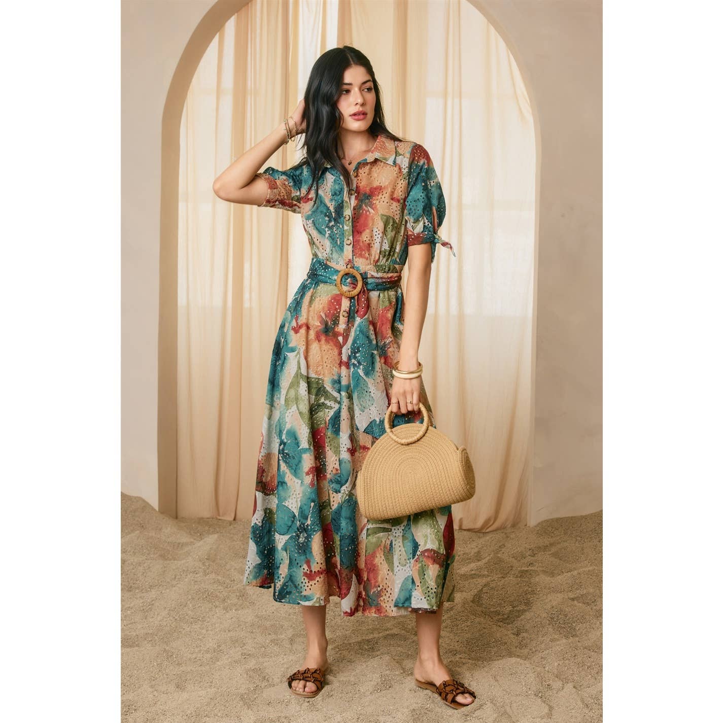 Sunset Whispers Eyelet Buckled Shirt Dress
