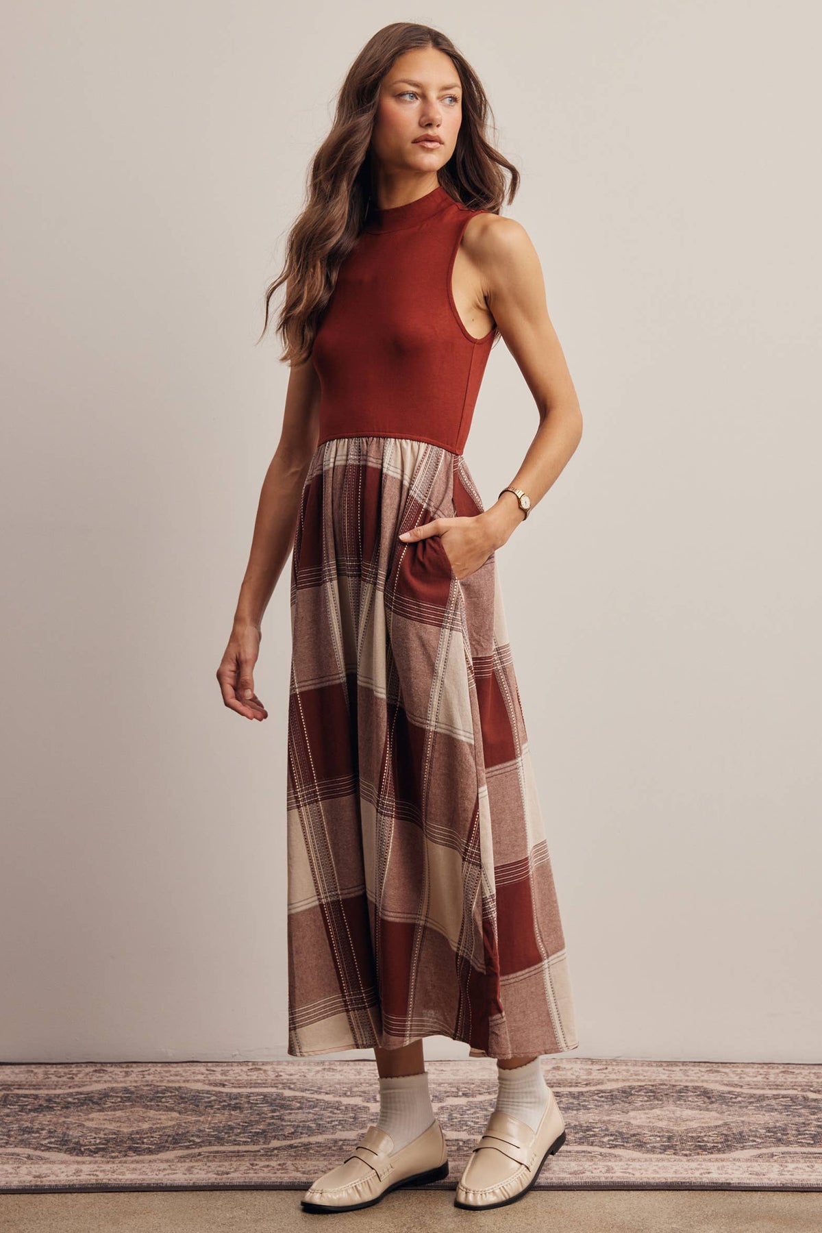 Mock Neck Mixed Media Plaid Midi Dress FD0068